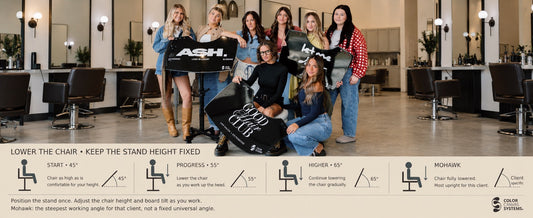Salon team with Color Canvas Systems boards and chair-height positioning instructions